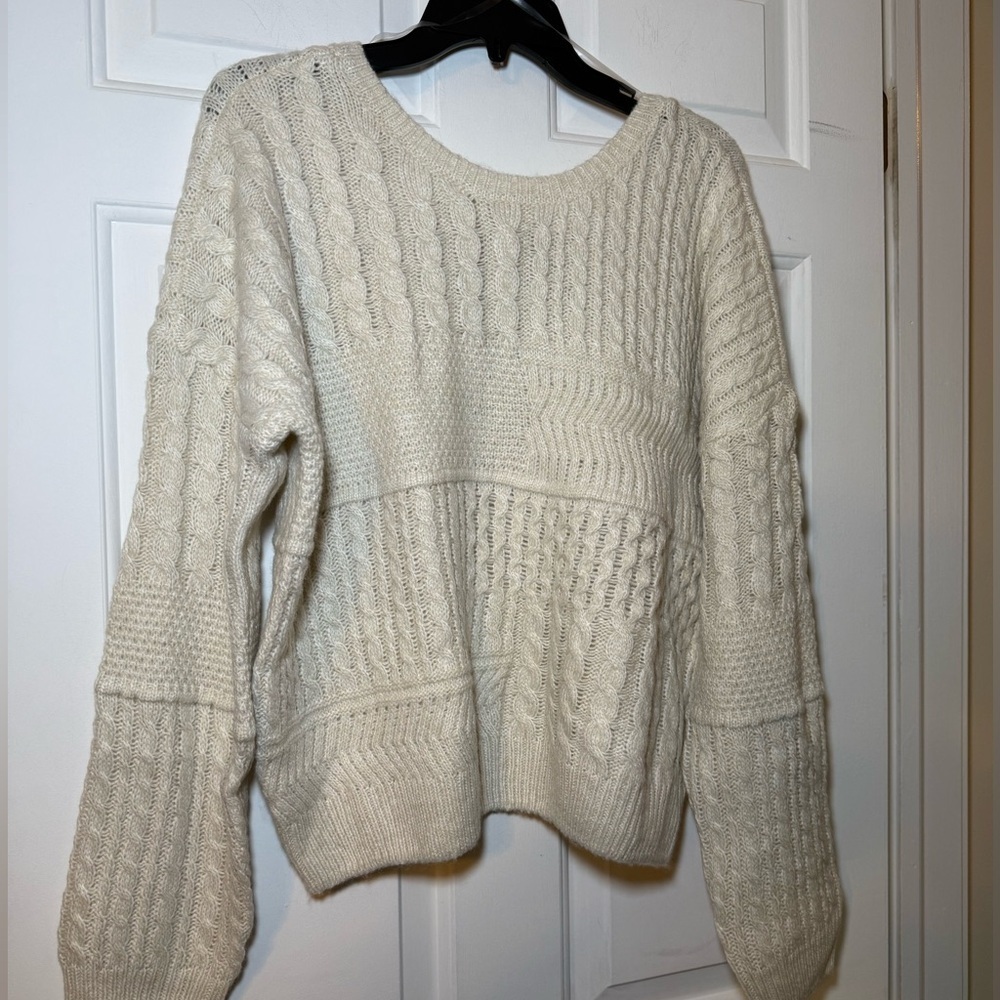 NYC Knits Nordstrom Oatmeal Ivory Cable Knit Crop Sweater Back V Neck Bow XL NWT